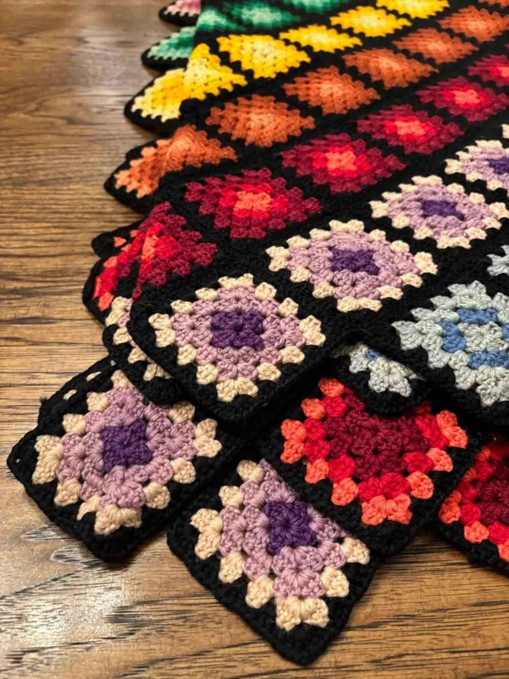 Vintage Hand Crocheted Granny Square Afghan 60x70 Jewel Tone Wool Blanket